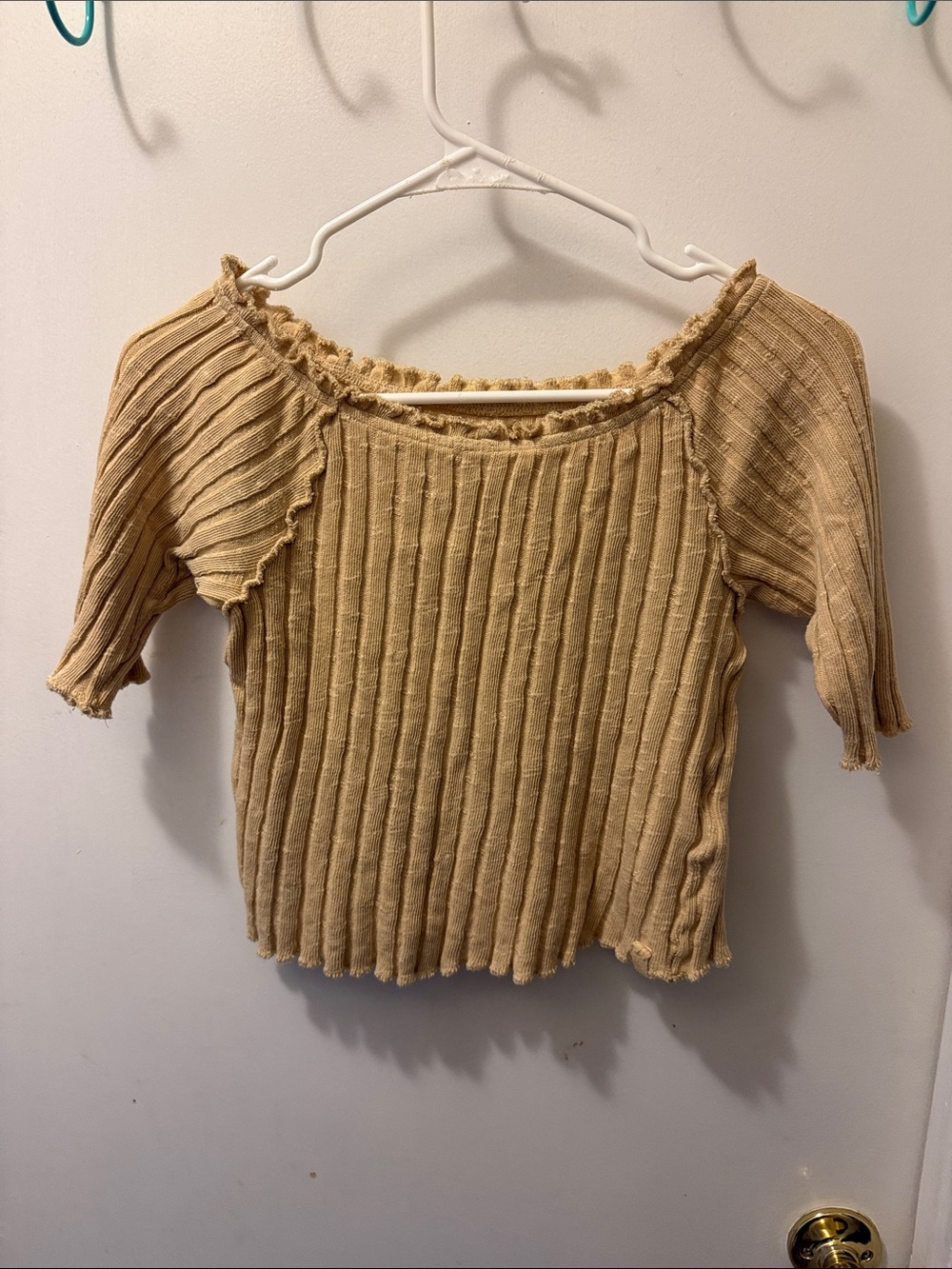 We the Free Free People Ribbed Crop Top Beige Raw Hem Square Neck
